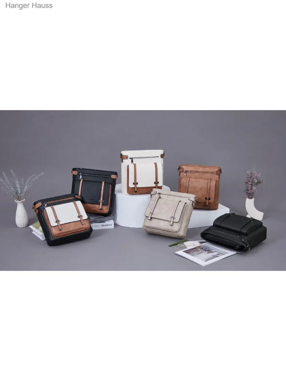 Vegan Leather Multi Pocket Crossbody Bag with Adjustable Wide Strap
